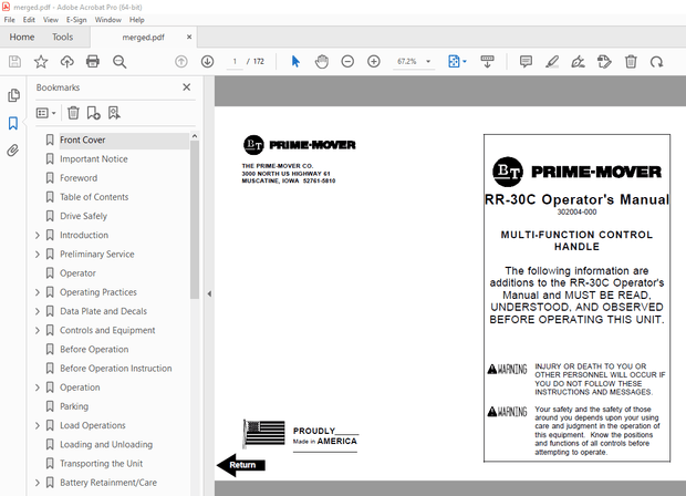 BT Prime-Mover RR-30C Multi-Function Control Operator&#x27;s Manual - PDF DOWNLOAD
