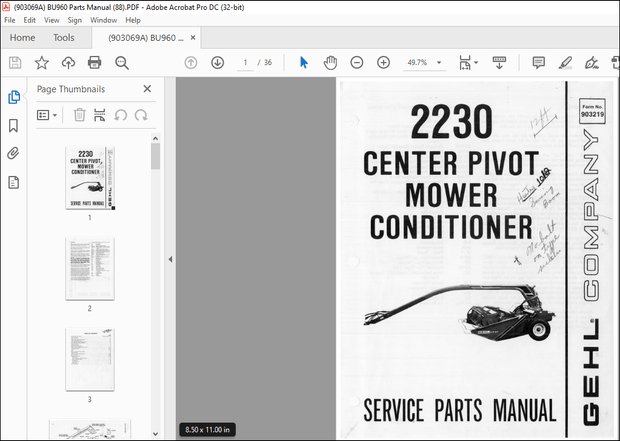 Gehl 2230 Center Pivot Mower Conditioner Service Parts Manual(903219) – PDF DOWNLOAD