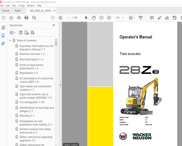 Wacker Neuson 28Z3 Track Excavator Operator&#x27;s Manual 1000177367 - PDF DOWNLOAD 