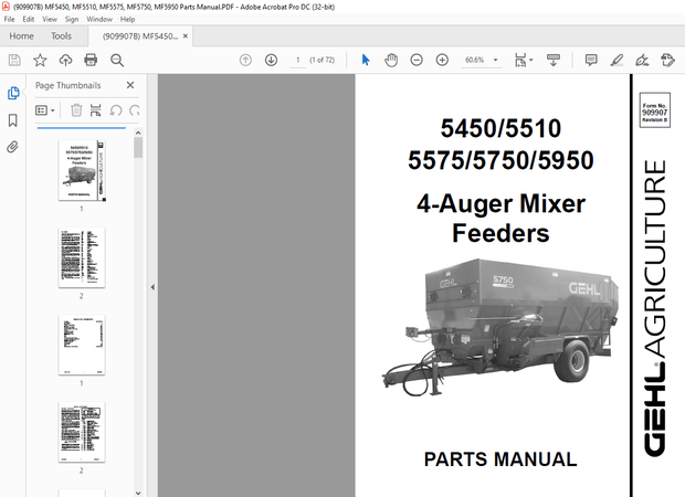 Gehl 5450 5510 5575 5750 5950 4-Auger Mixer Feeders Parts Manual 909907 – PDF DOWNLOAD