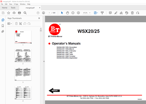 BT Prime-Mover WSX20 WSX25 Electric Walkie Adjustable Straddle Stracker Operator&#x27;s Manual - PDF 
