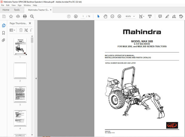 Mahindra Tractor MAX 26B Backhoe MAX 28XL &amp; MAX 26B Series Operator’s Manual – PDF DOWNLOAD