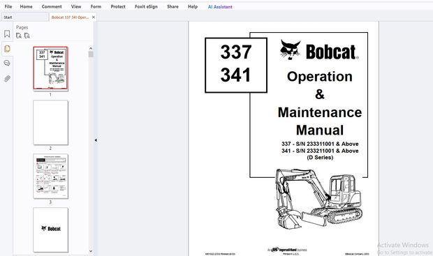 Bobcat 337 341 Operation &amp; Maintenance Manual 6901022 - PDF DOWNLOAD