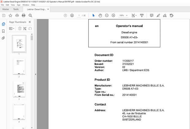 Liebherr D9508 A7-03 Diesel Engine Operator’s Manual 2014140001 – PDF DOWNLOAD