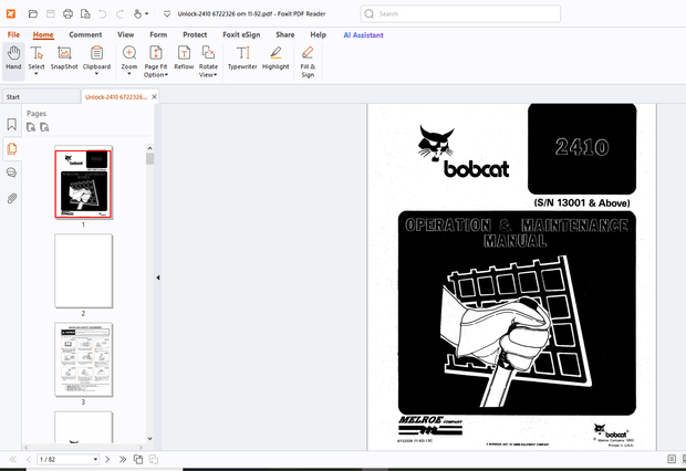 Bobcat 2410 Operation &amp; Maintenance Manual SN 13001 &amp; Above - PDF DOWNLOAD