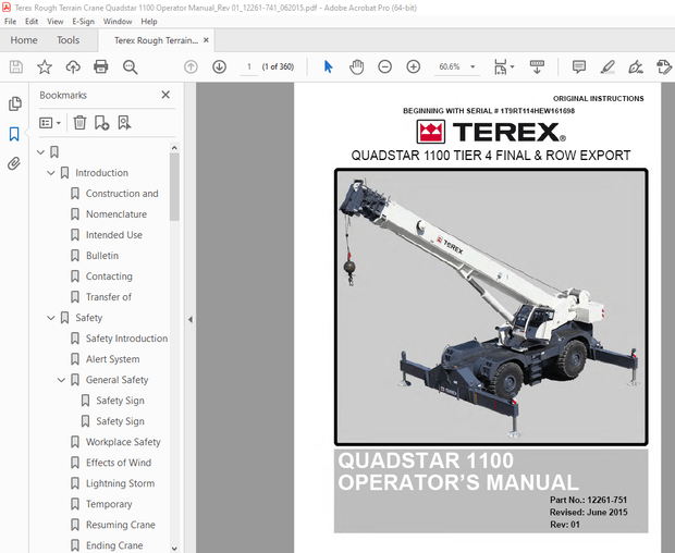 Terex Crane QUADSTAR 1100 TIER 4 FINAL &amp; ROW EXPORT Operator’s Manual 12261-751 PDF