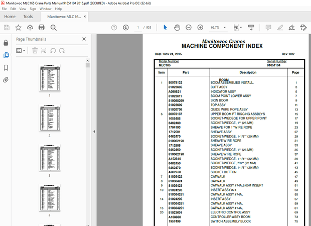 Manitowoc Crane MLC165 Parts Manual SN 91651104 – PDF DOWNLOAD