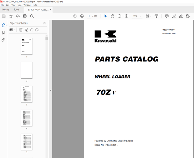 Kawasaki WHEEL LOADER 70Z V Parts Manual 93308-00144 – PDF DOWNLOAD