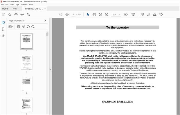 Valtra SA Tractor BM BM85 BM100 BM110 BM125i Operator’s Manual 85134300 – PDF DOWNLOAD