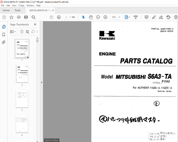 Kawasaki WHEEL LOADER MITSUBISHI S6A3-TA AUTHENT 115ZA-2, 115ZIV-3 Engine Parts Manual  