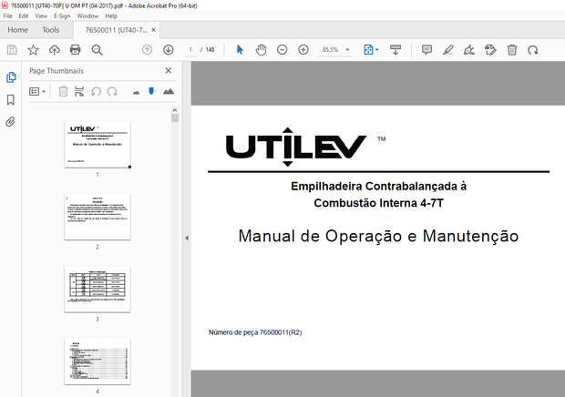 UTILEV Empilhadeira Contrabalançada à Combustão Interna 4-7T Manual de Operação PDF