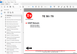 BT Prime-Mover TE-50 TE-70 TE Series Electric Tow Tractor Operating Maintenance &amp; Parts Manual - PDF