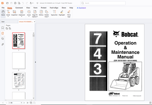Bobcat 743 Operation &amp; Maintenance Manual - PDF DOWNLOAD