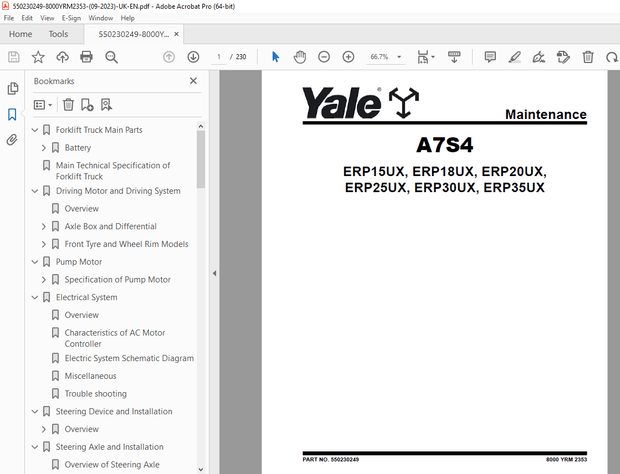 Yale Forklift A7S4 (ERP15UX, ERP18UX, ERP20UX, ERP25UX, ERP30UX, ERP35UX) Service Manual PDF