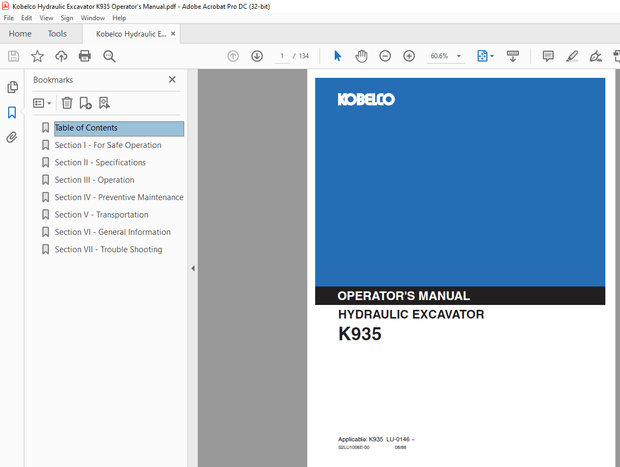 Kobelco K935 Hydraulic Excavator Operator’s Manual – PDF  DOWNLOAD