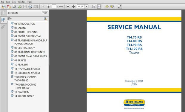New Holland TI4.70 RS, TI4.80 RS, TI4.90 RS, TI4.100 RS Tractor Service Repair Manual – NH