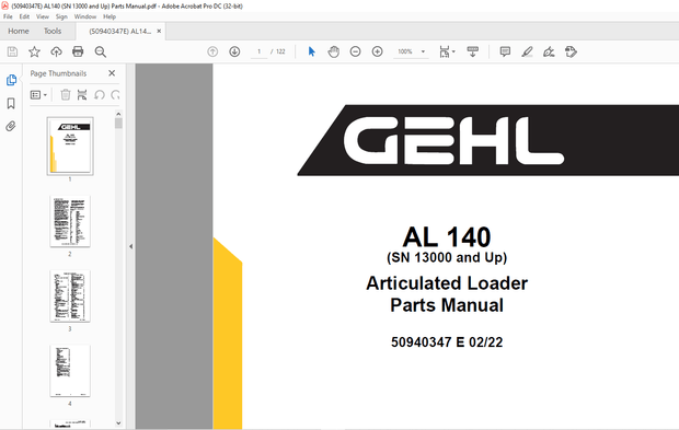 Gehl AL 140 (SN 13000 and Up) Articulated Loader Parts Manual 50940347 – PDF DOWNLOAD