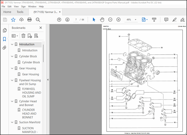 Yanmar 3TNV88XMS, 3TNV88XMS, 23TNV88XGP, 4TNV88XMS, 4TNV88XMS &amp; 24TNV88XGP Engine Parts Manual PDF