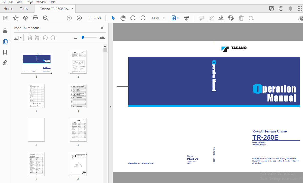 Tadano TR-250E Rough Terrain Crane Operation Manual – PDF