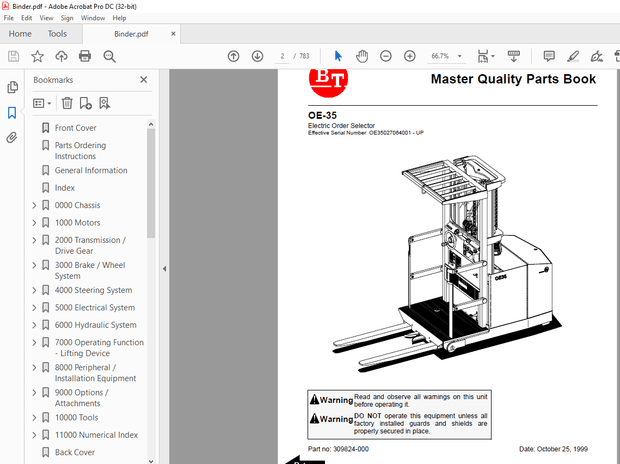 BT Prime-Mover Forklift OE35 Electric Order Selector Master Quality Parts Manual