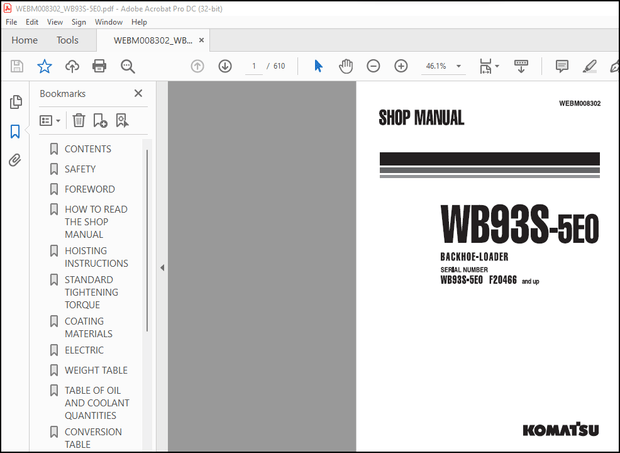 Komatsu Backhoe-Loader WB93S-5E0 Shop Manual WEBM008302 – PDF DOWNLOAD