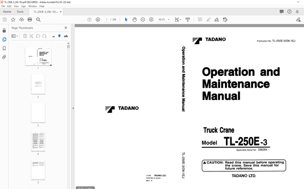 Tadano Truck Crane TL-250E-3 Operation and Maintenance Manual – PDF