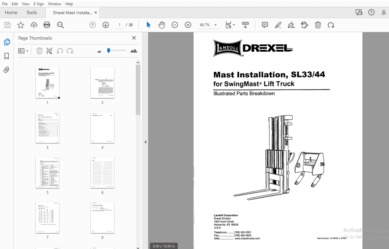 Sl33 Drexel SwingMast Lift Truck SL33/44 Mast Installation Parts Manual ...
