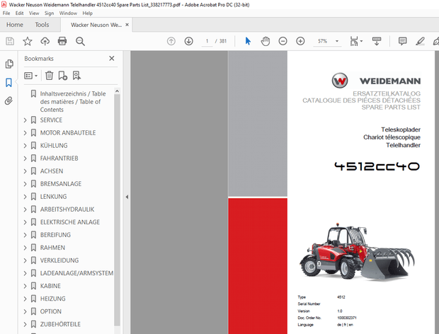 Wacker Neuson Weidemann Telelhandler 4512cc40 Spare Parts List Manual – PDF DOWNLOAD