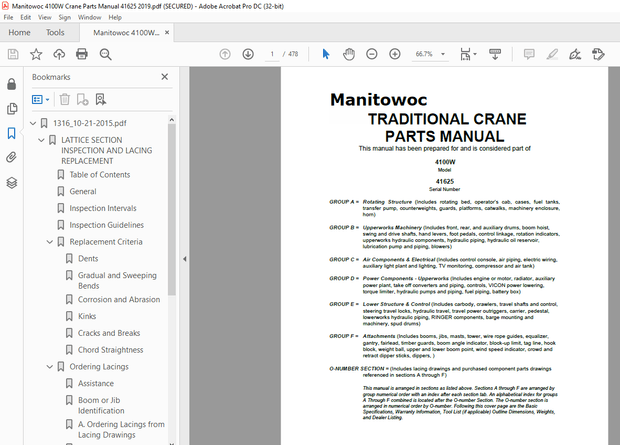 Manitowoc Crane 4100W Parts Manual 41625 – PDF DOWNLOAD