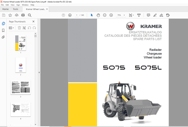 KRAMER Wheel loader 5075 5075L Spare Parts List Manual SN353000001 – PDF DOWNLOAD
