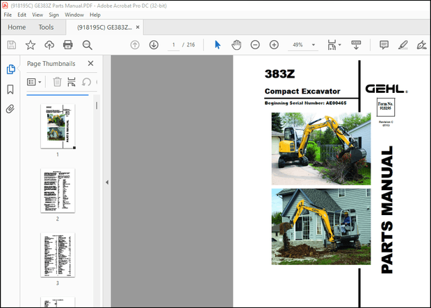 GEHL Compact Excavators 383Z Parts Manual(918195) – PDF DOWNLOAD