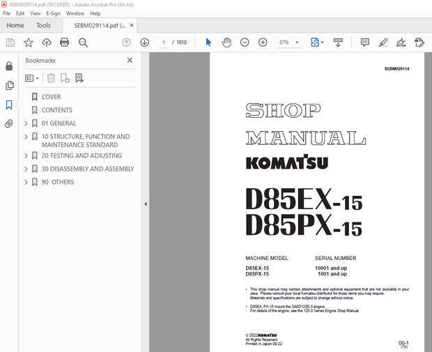 Komatsu D85EX-15 D85PX-15 Bulldozer Shop Manual SEBM029114 - PDF DOWNLOAD 