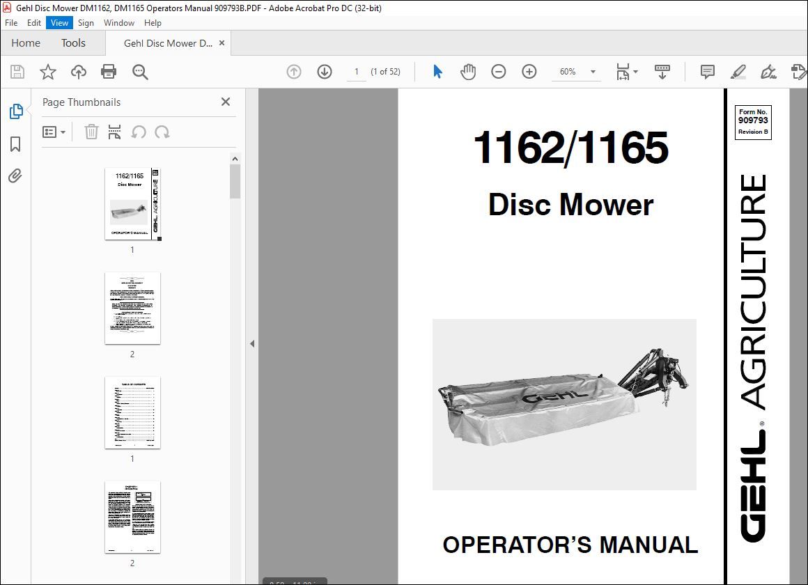 Operator Disc Gehl Disc Mower DM1162, DM1165 Operators Manual 909793B – PDF DOWNLOAD