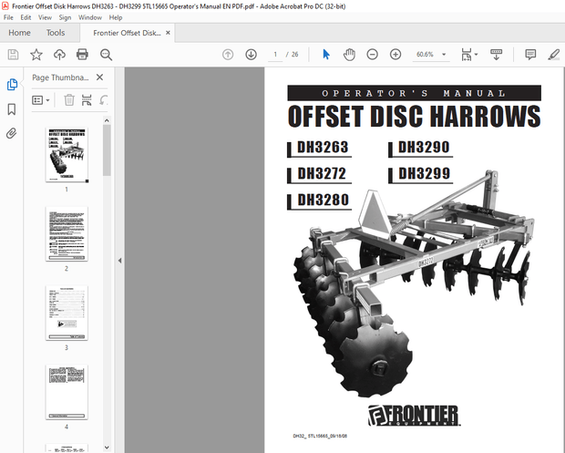 Frontier Offset Disk Harrows DH3263 DH3272 DH3280 DH3290 DH3299 Operator’s Manual(5TL15665) – PDF 