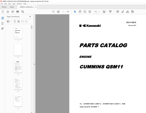 Kawasaki Cummins QSM11 Engine Parts Manual (93313-00276) – PDF DOWNLOAD