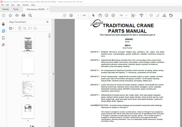 Manitowoc Traditional Crane 2900WC Parts Manual SN 29614 – PDF DOWNLOAD