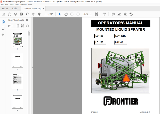 Frontier Mount Liquid SprayerLS1125 LS1130BL LS1130 LS1140 Operator’s Manual(5FT820015) – PDF 
