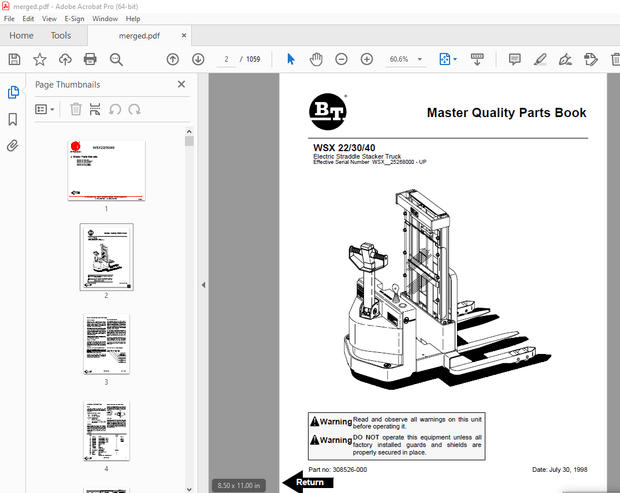 BT Prime-Mover WSX22 WSX30 WSX40 Electric Straddle Stacker Truck Parts Manual - PDF DOWNLOAD 