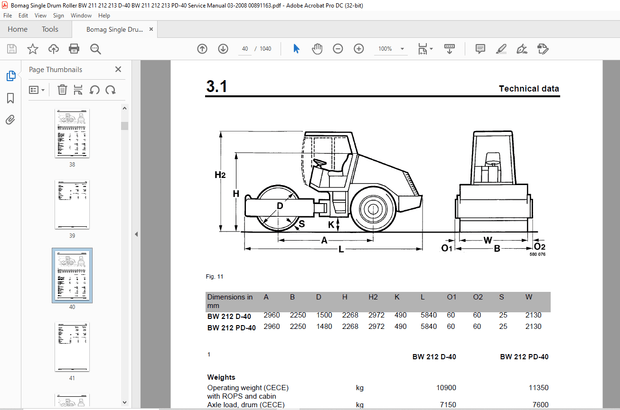 Bomag BW 211 212 213 D-40 BW 211 212 213 PD-40 Single Drum Roller Service Manual 00891163 – PDF 