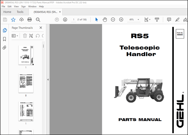 GEHL RS5 Telescopic Handler PARTS MANUAL(908495) – PDF DOWNLOAD