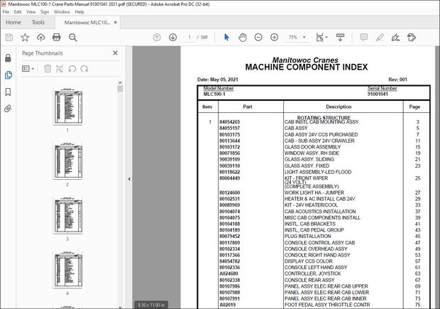 Manitowoc Crane MLC100-1 Parts Manual SN 91001041 – PDF DOWNLOAD