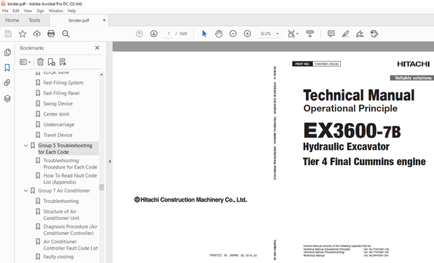 Hitachi Hydraulic Excavator EX3600-7B Tier 4 Final Cummins engine Operational Technical Manual 