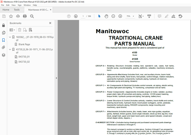 Manitowoc Traditional Crane 4100 Parts Manual SN 41325 – PDF DOWNLOAD