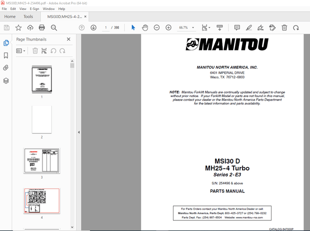 Manitou Forklift MSI30 D MH25-4 Turbo Series 2-E3 Parts Manual – PDF DOWNLOAD