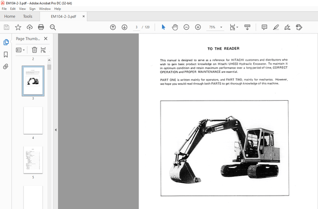 Hitachi Hydraulic Excavator UH033 Operation Manual(EM104-2-3) – PDF DOWNLOAD
