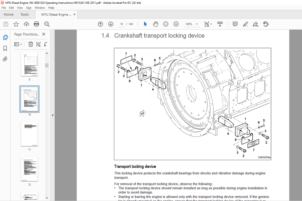 MTU Diesel Engine 16 V 4000 E20 Operating Instructions Manual M015241 ...