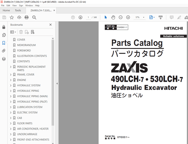 Hitachi 490LCH-7•530LCH-7 Hydraulic Excavator Parts Catalog Manual PN:PJAQ50-1-1