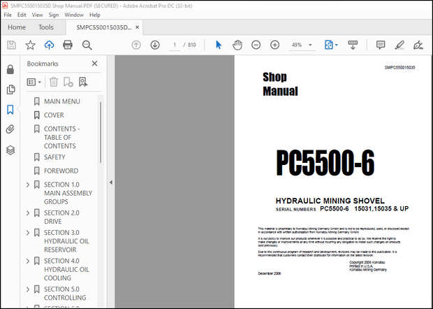 Komatsu HYDRAULIC MINING SHOVEL PC5500-6 Operation &amp; Maintenance Manual(SMPC550015035) PDF DOWNLOAD