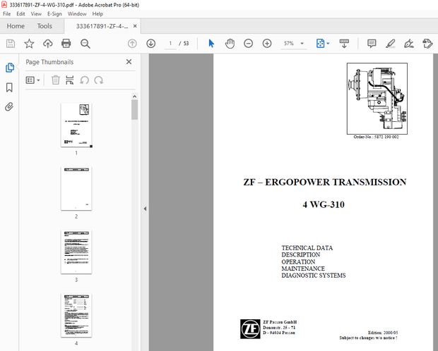 ZF–ERGOPOWER TRANSMISSION 4 WG-310 Operation &amp; Maintenance Manual - PDF DOWNLOAD