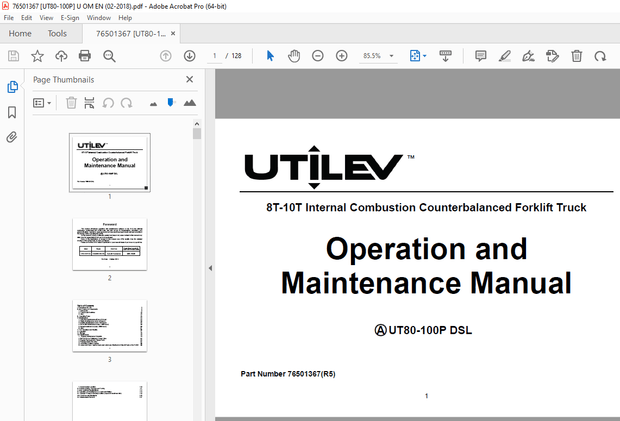 UTILEV UT80-100P DSL 8T-10T Internal Combustion Forklift Truck Operation Manual PDF